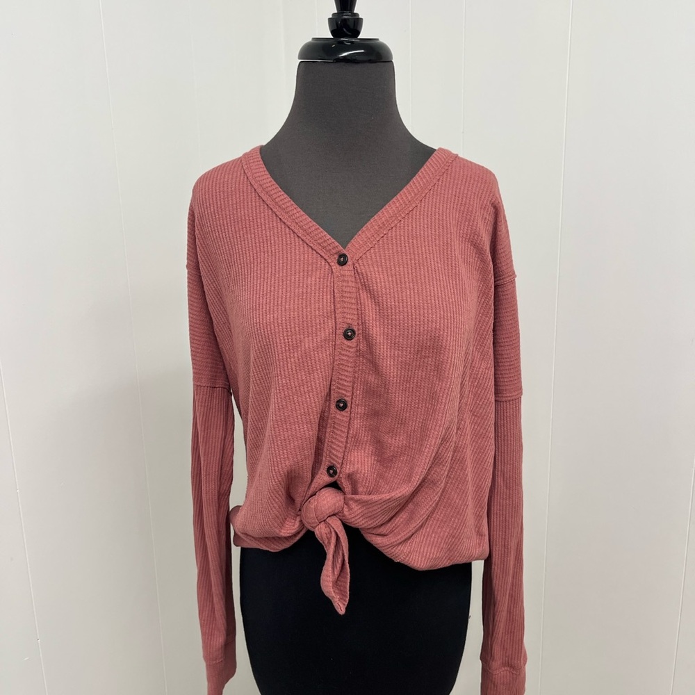 SO Women's Ribbed Button-Down Knot Front Top - Mauve